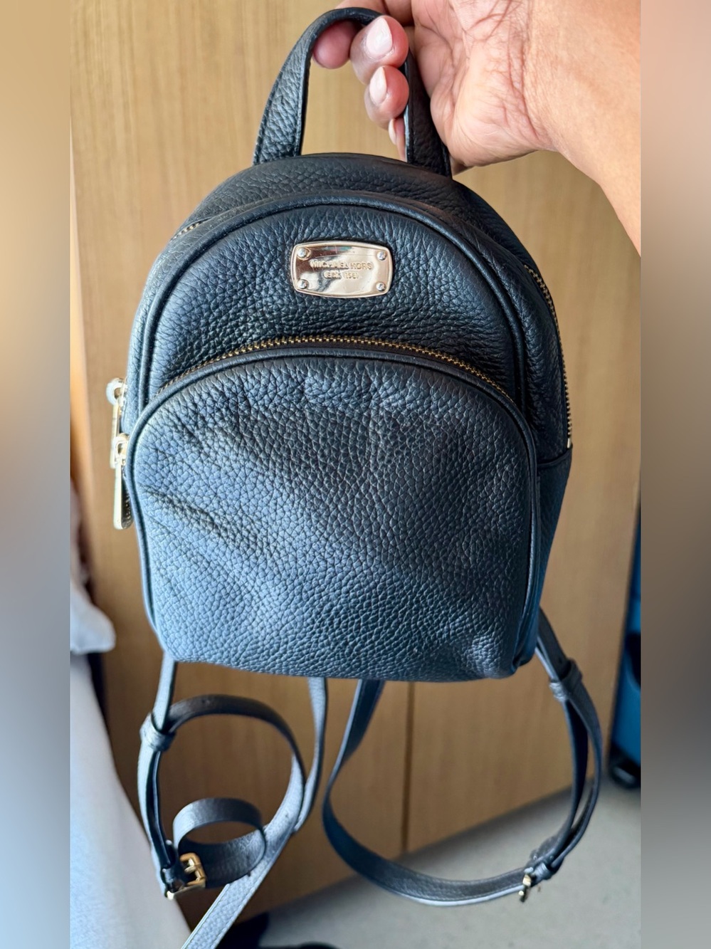 Michael Kors Black Pebbled Leather “MINI” Backpack with Gold Plaque